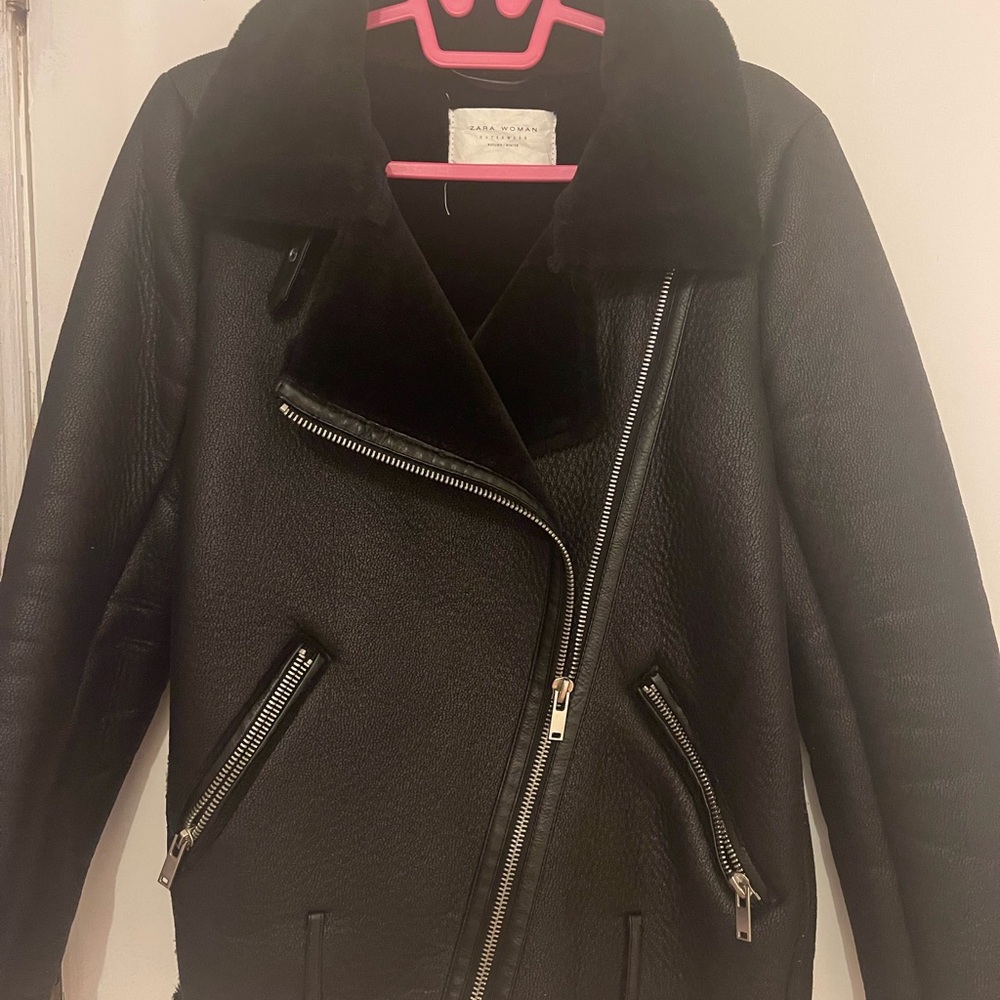Zara Black Leather Jacket with Silver Zippers